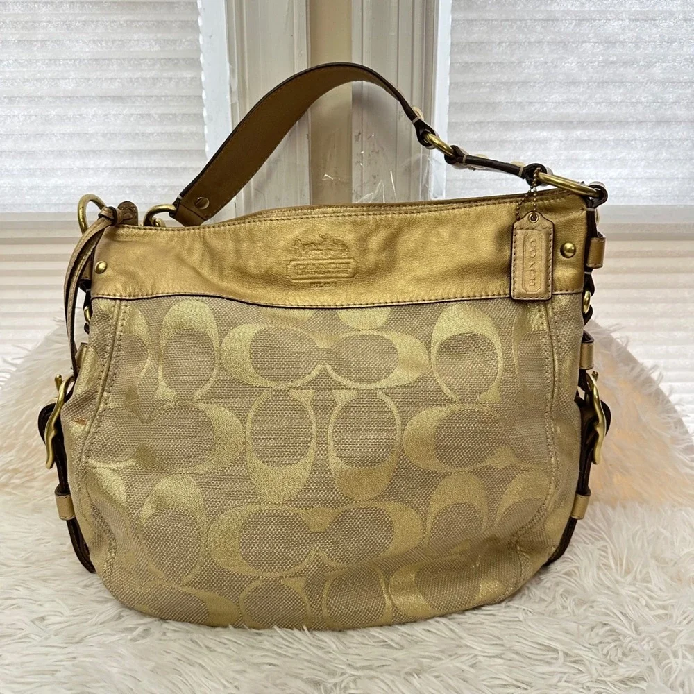 Coach Zoe Signature Metallic‎ Jacquard Print Large Hobo Bag Gold Leather Trims